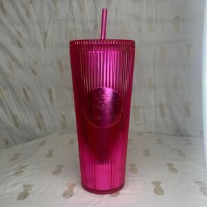Starbucks Summer 2023 Pleated Neon Magenta Pink 24 oz cold cup tumbler NEW STRAW